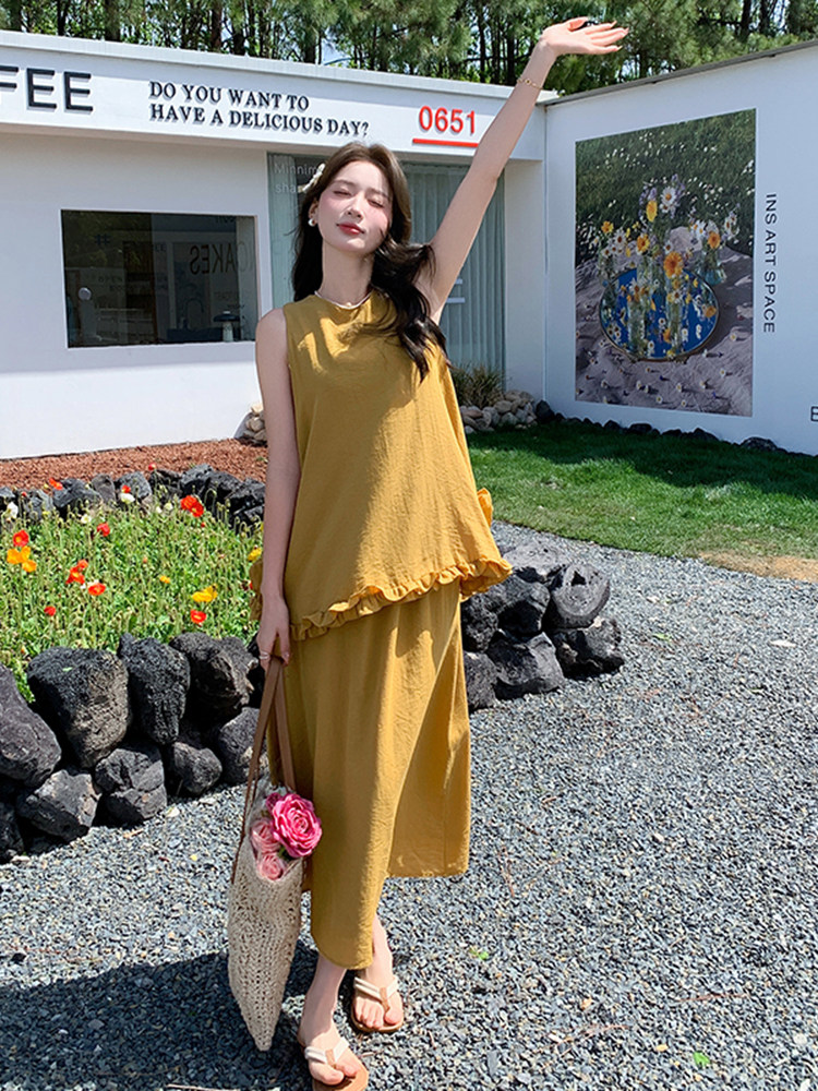 黄色度假浪漫风套装裙女2025夏季甜美气质木耳边背心半身裙两件套,女装套装/套裙,浙宝220