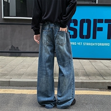 水洗复古高级感牛仔裤男款春季hiphop闪电纹痞帅裤子直筒休闲长裤，男装牛仔裤，电商A063