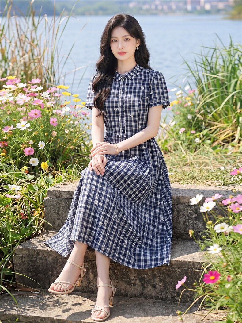 夏季格纹绣花收腰显瘦学院风优雅气质连衣裙,女装连衣裙,水衣源