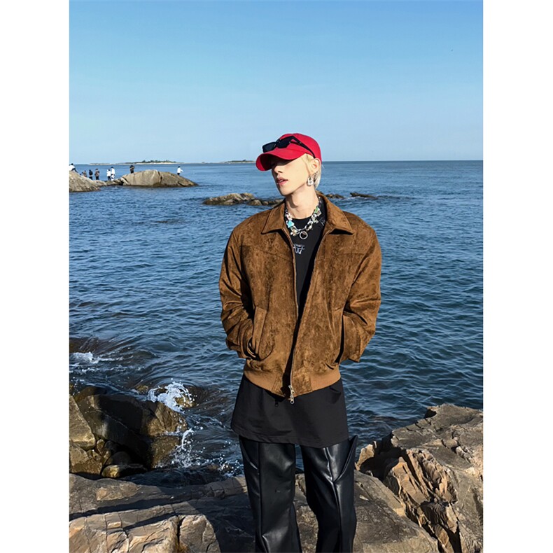 棕咖色美式复古麂皮绒外套短款美拉德穿搭，女装短外套，星座310A-4