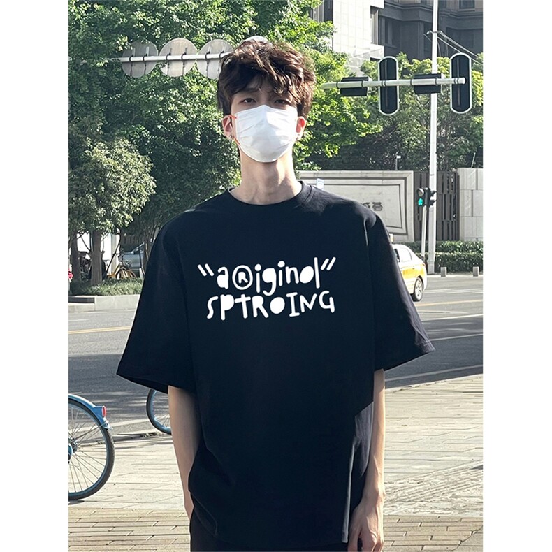 抖音得物供货210克现货宽松纯棉美式潮牌印花落肩袖纯棉T恤AT2198图片