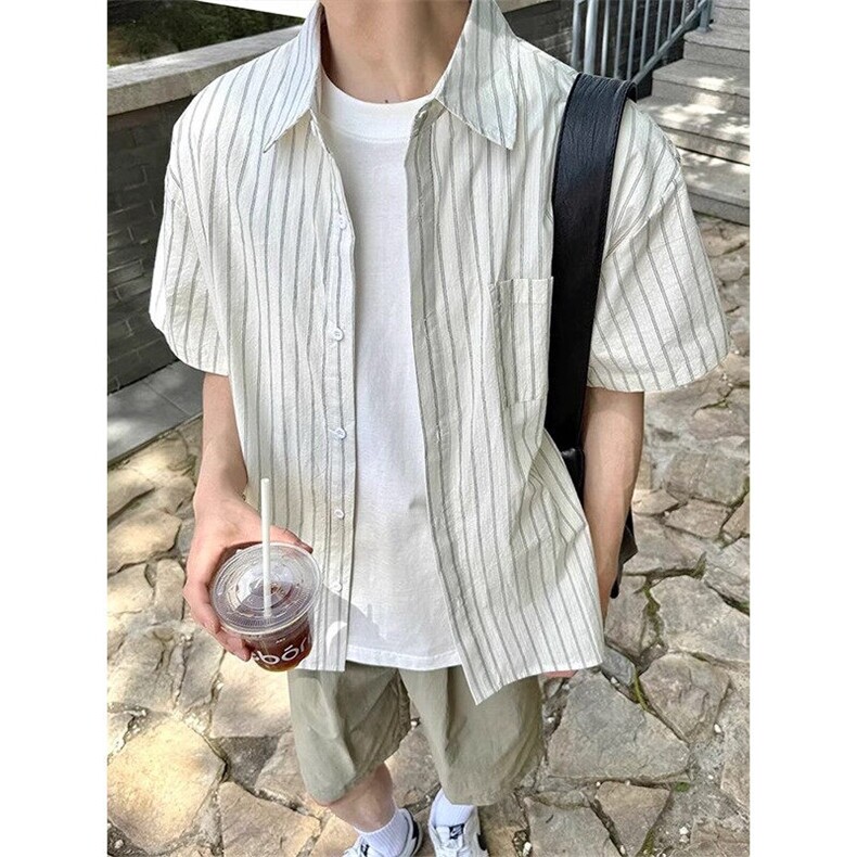 网图少年感穿搭条纹短袖衬衫男款夏季宽松慵懒风衬衣外套925P45,男装T恤,星座710