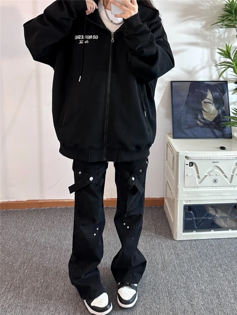 美式hiphop裤子高街vibe交叉绑带牛仔裤修身直筒微喇叭裤,男装牛仔裤,星座310A-4