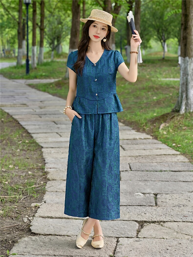 现货2026夏季新中式老钱风提花新款套装两件套套装,女装套装/套裙,伊仟回