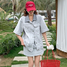 休闲复古牛仔衬衫套装裙女夏季2025年新款韩版小个子半身裙两件套，女装套装/套裙，浙宝276（原081）