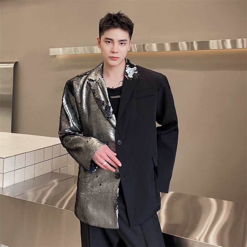 春季新款休闲宽松亮片拼接撞色西服外套上衣男潮A345-1877-P145图片