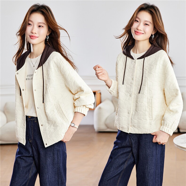 2026年春季宽松抽绳连帽撞色休闲短外套,女装短外套,简韵佳