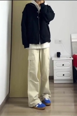 米白色直筒工装裤美式高街大口袋裤子阔腿裤KZ195特P42，男装工装外套，星座908-1