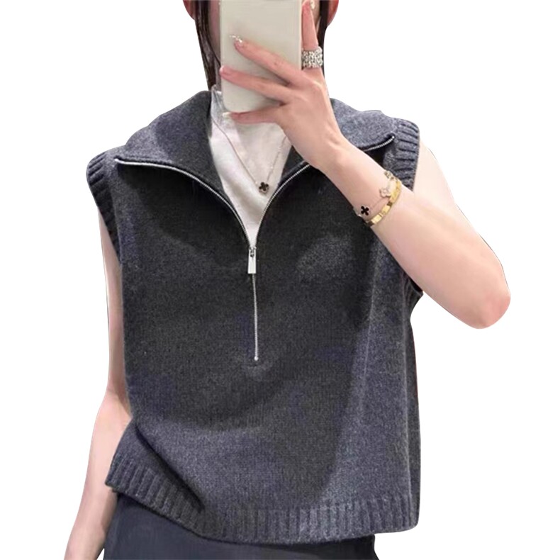 半拉链马甲女款2024新款秋季背心美式坎肩无袖针织上衣外穿马夹女,女装马甲,萱芳婷羊绒