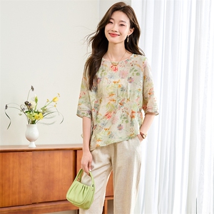 高端苎麻套装复古印花上衣亚麻女装2025夏新款时尚休闲棉麻两件套图片