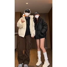 现货冬季三防重磅硬挺boxy短款羽绒刺绣立领PU皮棉衣外套加厚棉服，男装棉衣，电商A486-1