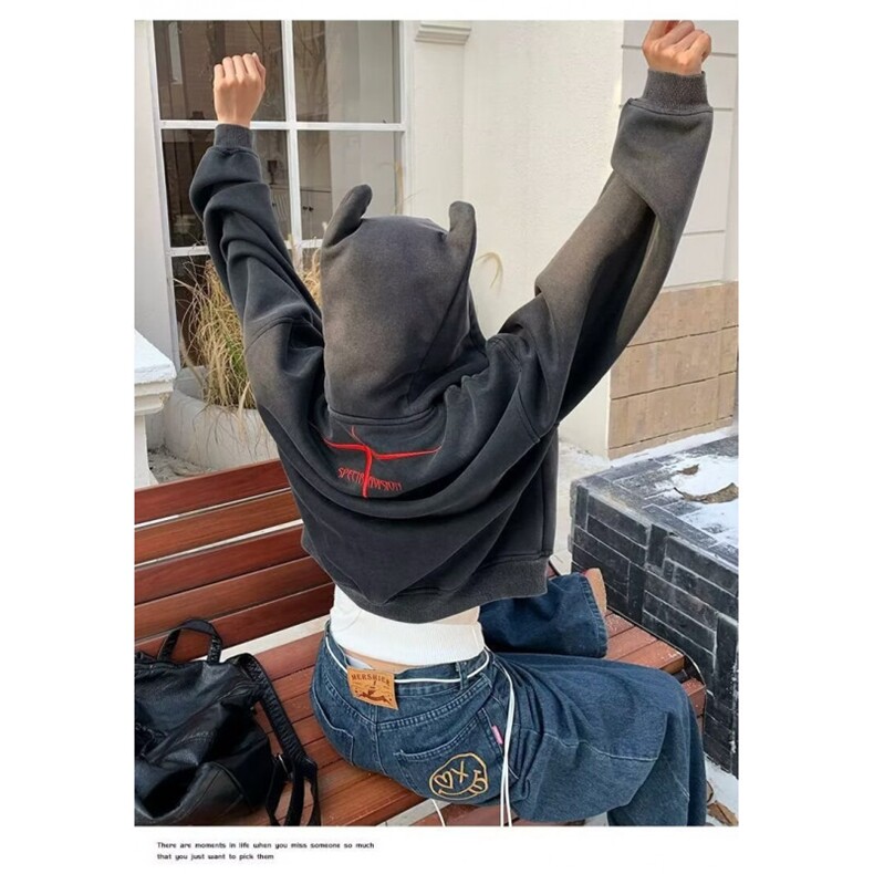 美式重磅街头水洗连帽卫衣男女潮牌秋季新款小恶魔设计感开衫外套，女装短外套，四季星座505