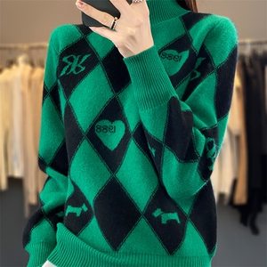 秋冬季新款韩版女装菱格纹羊毛衫女套头宽松外穿加厚保暖打底衫图片