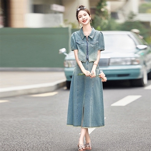 大量现货！短袖牛仔套装女2024夏季新款女装两件套时尚套装裙子图片