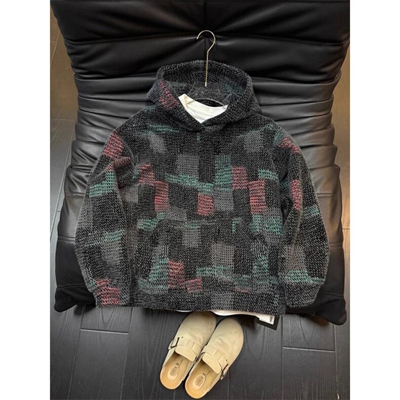 2026小香风七彩格子针织卫衣男女美式复古连帽外套，女装短外套，星座1602（原101B）