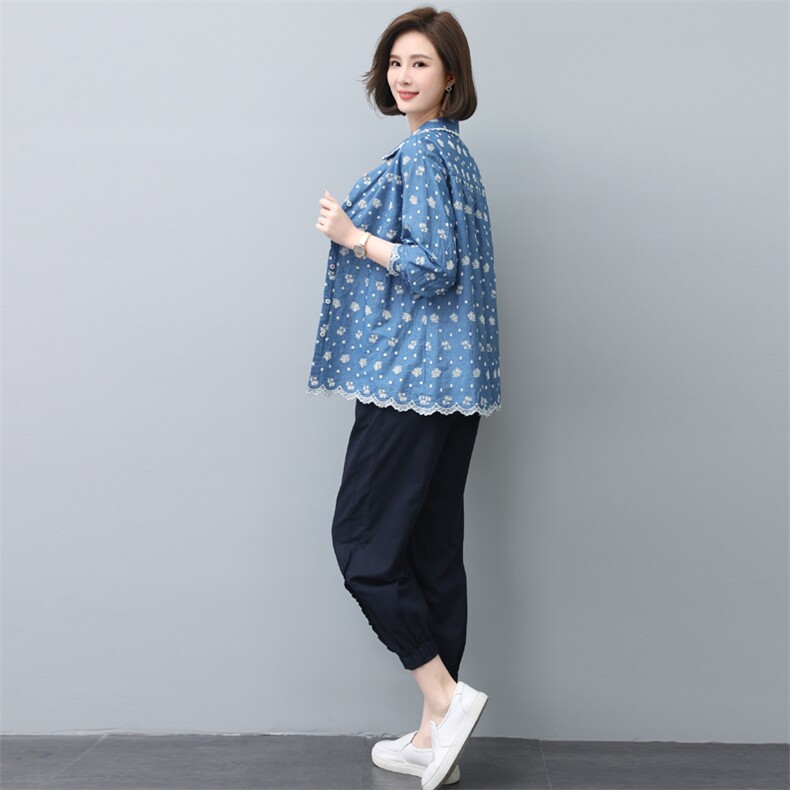 套装女2022秋季新款时尚休闲妈妈两件套牛仔绣花,女装大码女装,奕阳依阁
