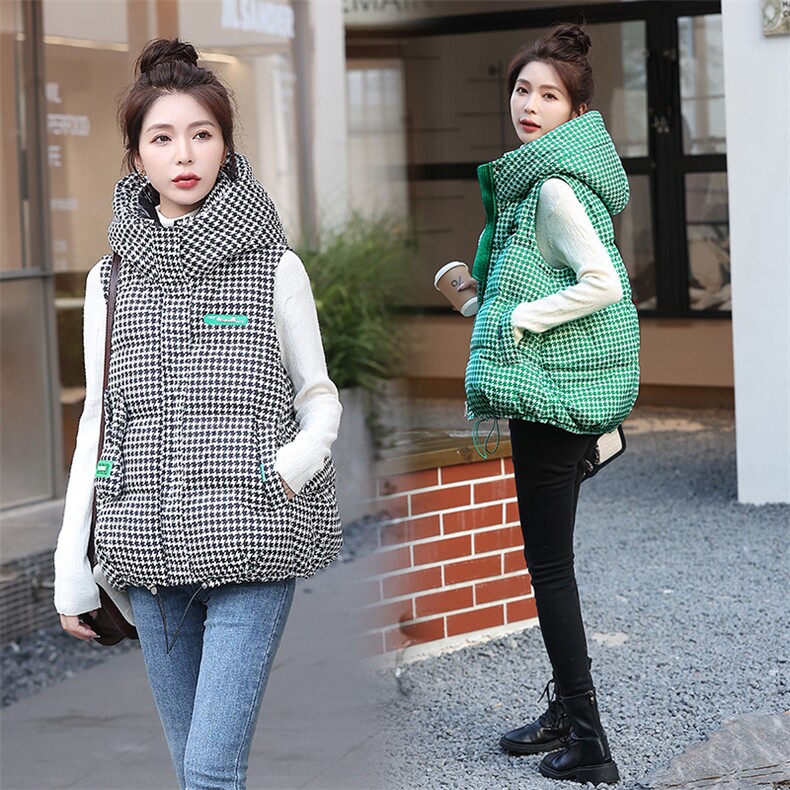 2022秋冬新款时尚羽绒马甲格子拼接保暖外套，女装马甲，利佳可人