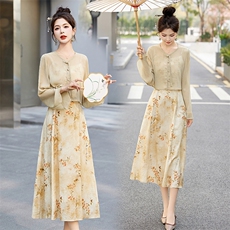 现货2024春装新款时尚潮流简约气质两件套中式盘扣高级感套装套裙，女装套装/套裙，韩然一族