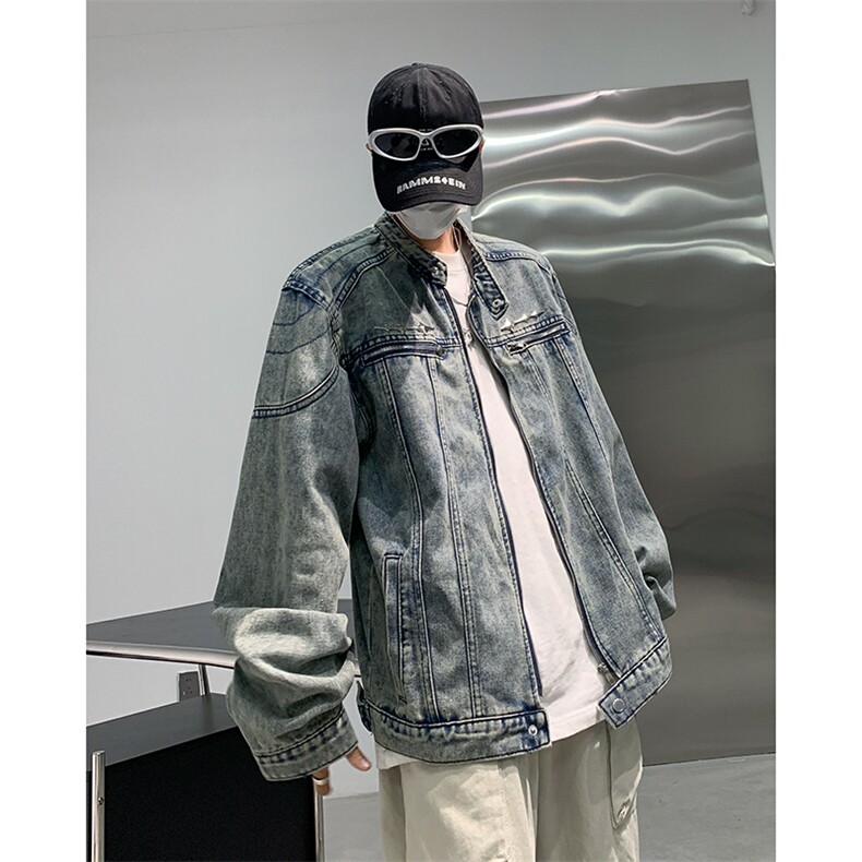 2024新款做旧水洗牛仔外套拉链设计感垫肩无领夹克现货W8336-P74,男装夹克,星座512-4