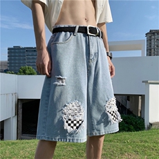 破洞棋盘格牛仔短裤男夏季高街潮牌港风休闲潮流五分裤N06658-P38，男装牛仔裤，星座308B-1