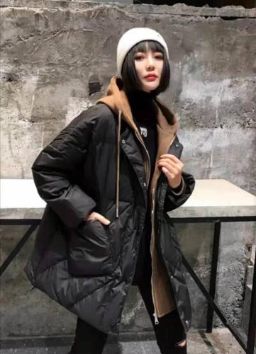 DG859欧洲站时尚拼接假两件中长新款连帽宽松口袋羽绒外套,女装,L·H·X