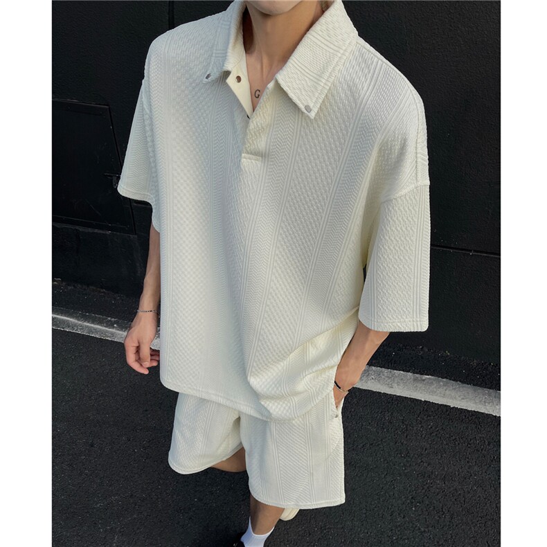 肌理感短袖POLO衫两件套宽松短袖短裤运动套装男H1092特P65,男装Polo衫,电商A341