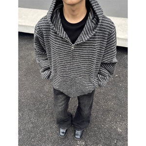 美式复古条纹连帽卫衣男款秋季开衫cleanfit情侣外套WW301-特P75