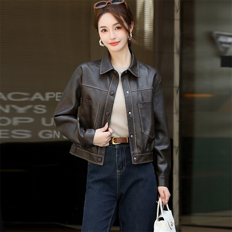 复古港风皮衣女外套2024秋装新款宽松显瘦机车夹克pu短款翻领上衣，女装皮衣，欧兰熙
