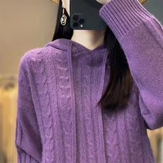韩版慵懒风连帽针织衫女宽松显瘦纯色毛衣外套秋冬新款潮流，女装针织衫/毛衣，萱芳婷羊绒