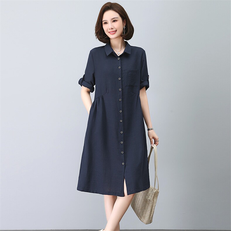 大码连衣裙女2023新款夏季衬衫裙宽松显瘦休闲妈妈气质裙子,女装连衣裙,忆绮罗