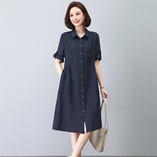 大码连衣裙女2023新款夏季衬衫裙宽松显瘦休闲妈妈气质裙子，女装连衣裙，忆绮罗