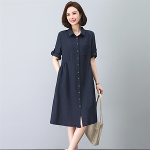 大码连衣裙女2023新款夏季衬衫裙宽松显瘦休闲妈妈气质裙子图片