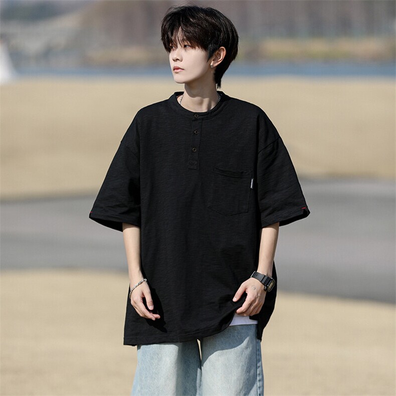 8XL-M亨利领亚麻短袖t恤男弹力大码宽松半袖开衩设计体恤DT002P45图片