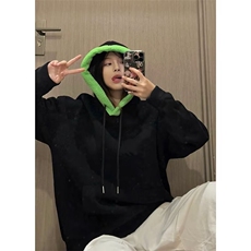 美式重磅撞色羊羔绒连帽卫衣男女春秋加绒加厚宽松外套-W1177，女装短外套，星座601-2