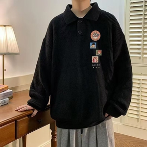 英伦高级感慵懒风毛衣男新款青少年polo领上衣潮流宽松针织衫外套图片