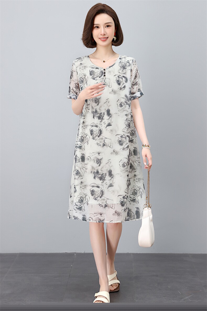 高级感连衣裙女2025新款夏季大码女装遮肚子微胖妈妈减龄仿棉麻裙,女装连衣裙,鑫鑫格