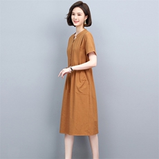 棉麻连衣裙女2025年夏季新款气质减龄收腰显瘦中年妈妈亚麻中长裙，女装连衣裙，忆绮罗