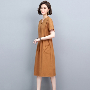 棉麻连衣裙女2025年夏季新款气质减龄收腰显瘦中年妈妈亚麻中长裙图片