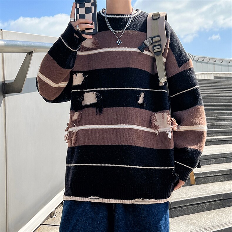 男士条纹休闲圆领保暖毛衣港风潮流青少年上衣MY0156-P40图片