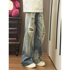 ！美式复古脏脏水洗破洞宽松牛仔裤，男装牛仔裤，星座617C