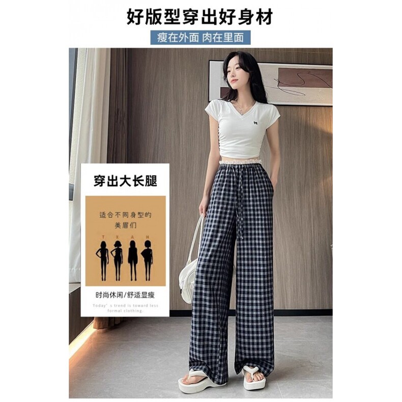 AK2353-P40蕾丝花边格子阔腿裤女夏季高腰垂感宽松休闲裤,女装休闲裤,星座617A-2