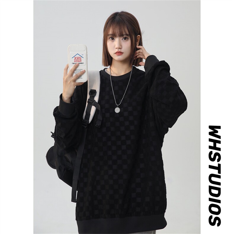 S5020/特P32春装新款棋盘格套头卫衣男潮宽松百搭长袖T恤外套，女装卫衣/绒衫，电商A141