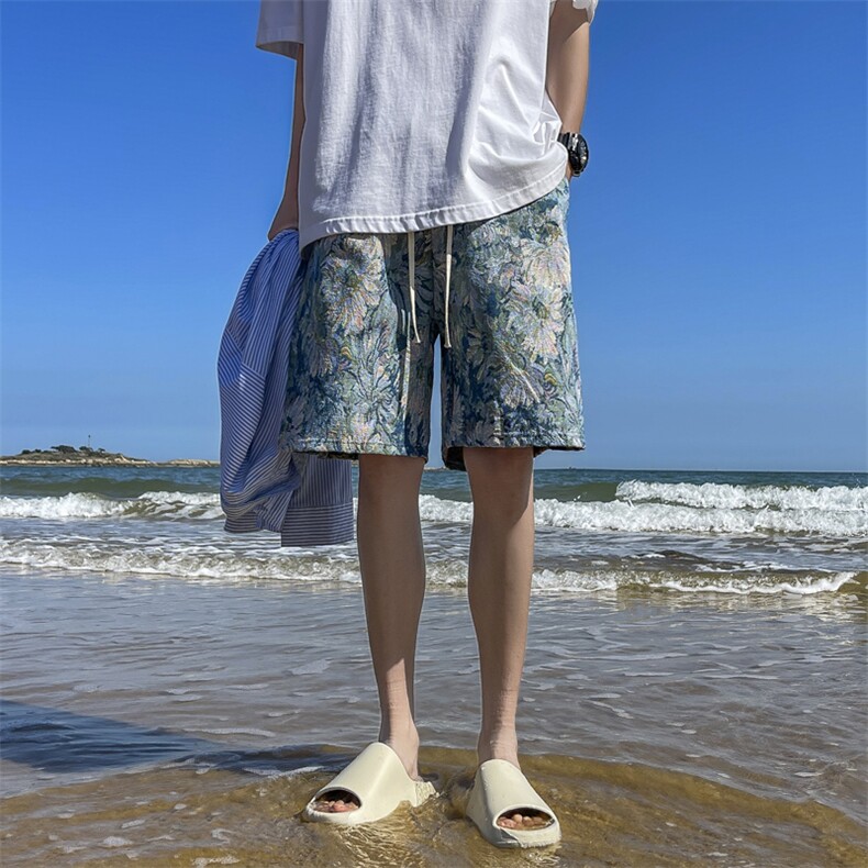 夏季新款提花冰丝短裤速干薄款宽松休闲运动沙滩五分裤,男装牛仔裤,星座410-7