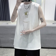 老人与熊印花无袖T恤夏季宽松潮牌港风休闲运动背心DFY517TP18，男装T恤，电商A102-1