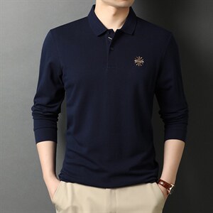 男士纯色刺绣Polo衫2023新款长袖t恤男秋季纯棉翻领中年春秋装图片