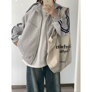 SS0576-P50美式复古条纹卫衣外套女秋冬潮牌街头两道杠宽松百搭图片