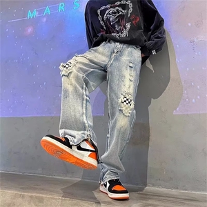 牛仔裤男韩版潮流高街帅气破洞拼色2023春夏季ins休闲裤RK065-P43图片