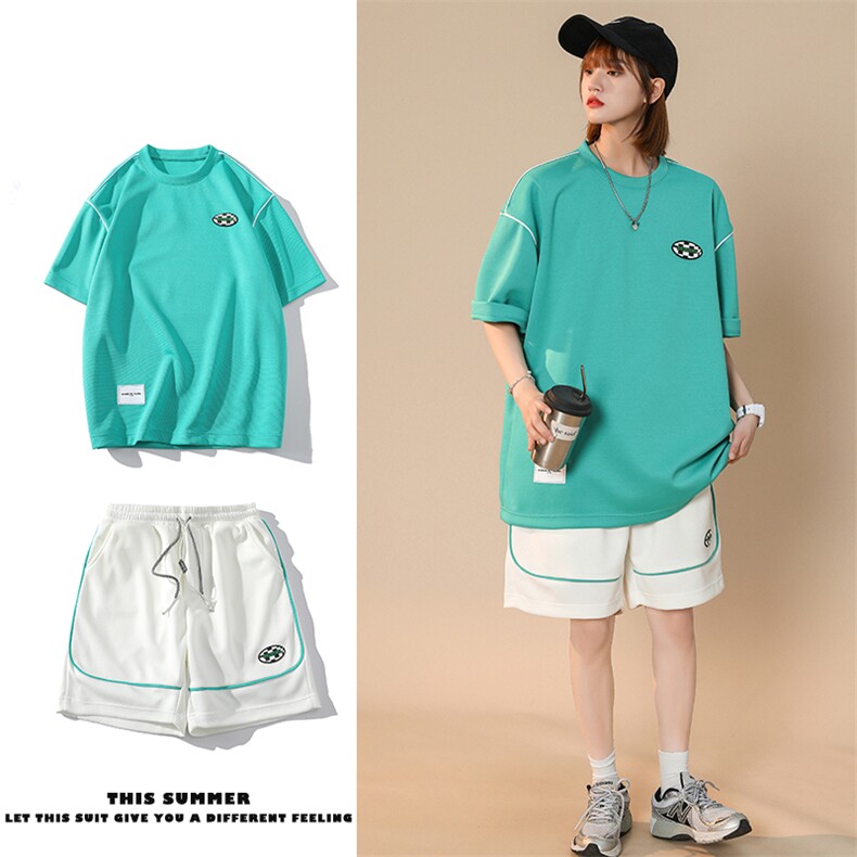 2024夏装港风潮绣标休闲短袖T恤两件套套装男女 8046-P78 控价98图片