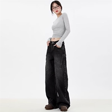 黑色高腰阔腿牛仔裤男女春季新款宽松垂感直筒显瘦裤子HH18p42，男装牛仔裤，星座1112-1