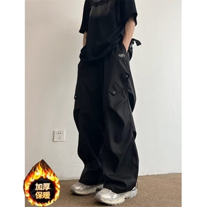 美式潮牌机能伞兵裤男士冬季运动冲锋裤宽松加绒阔腿休闲工装裤子图片